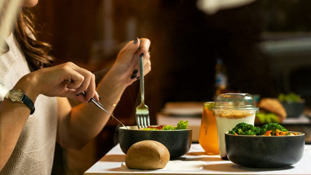 Bowl of protein, healthy fats and fibre-rich vegetables to help balance appetite and metabolism hormones