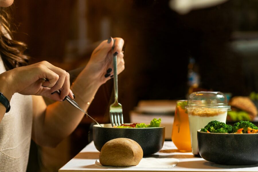 Bowl of protein, healthy fats and fibre-rich vegetables to help balance appetite and metabolism hormones